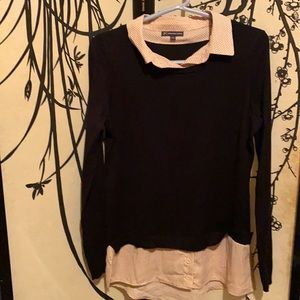 Adrianna Papell Preppy Black 2fer Collared Shirttail Polka Dots Sweater